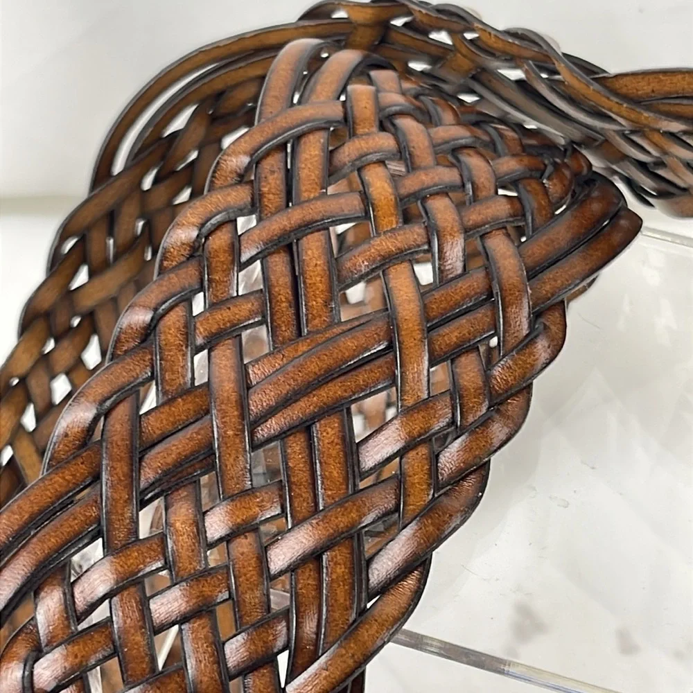 Woven Bonded Leather Wide Belt Large Brass Buckle Adjustable Celtic Knot Weave - Picture 3 of 8